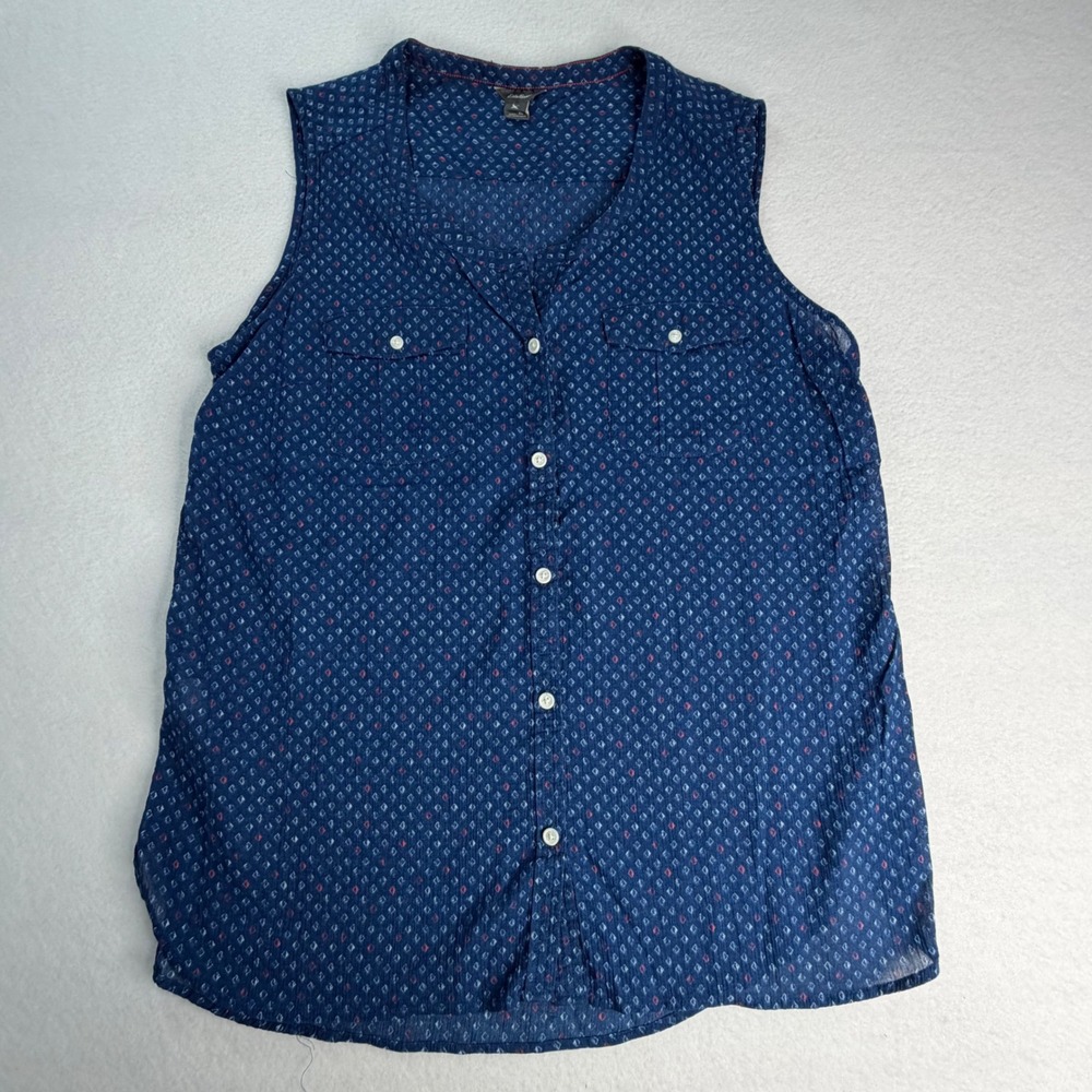 Eddie Bauer Womens XL Navy Blue Geometric Diamond Print Sleeveless Cotton Shirt